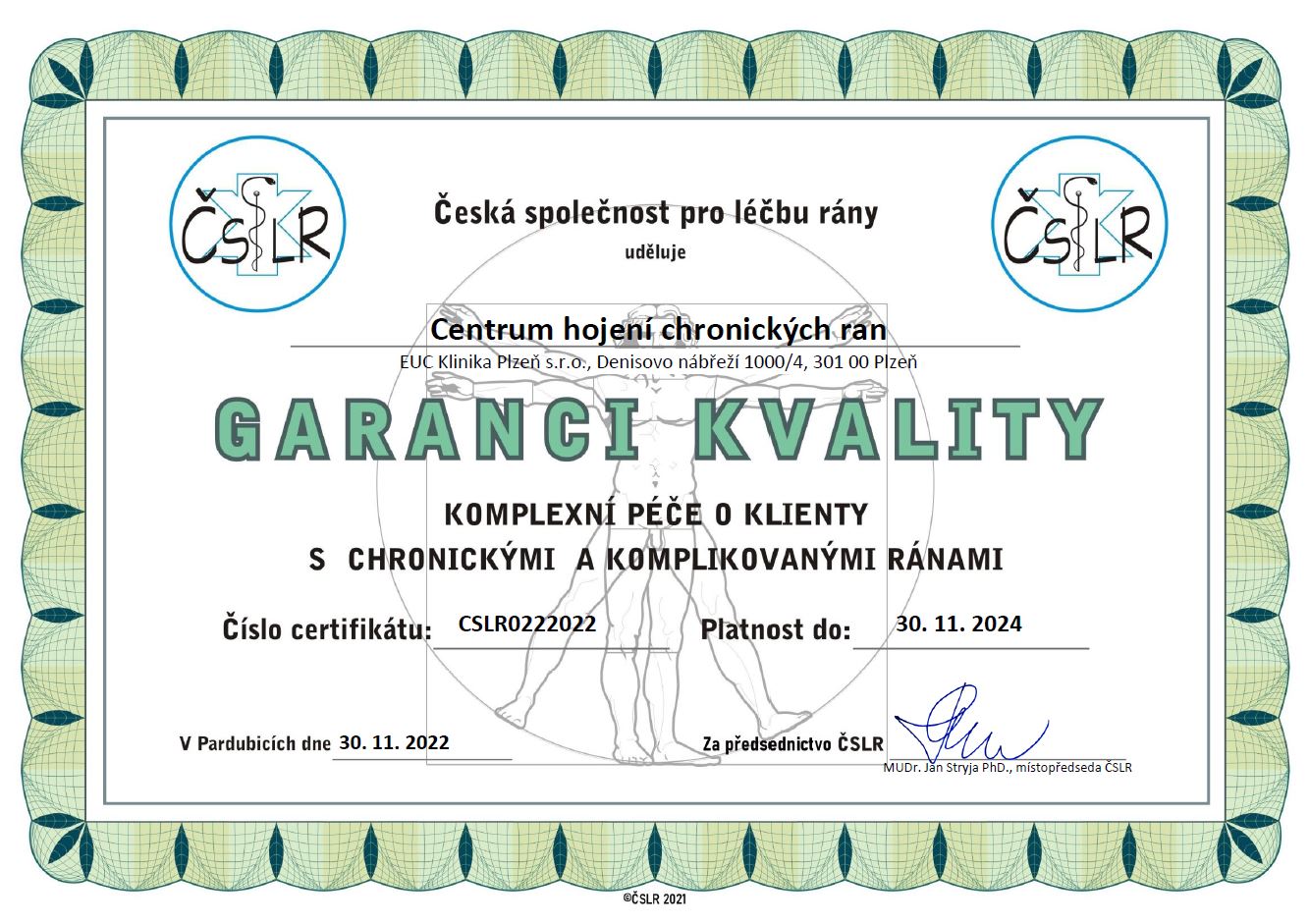 Certifikát garance kvality pro Centrum hojení chronických ran v Plzni